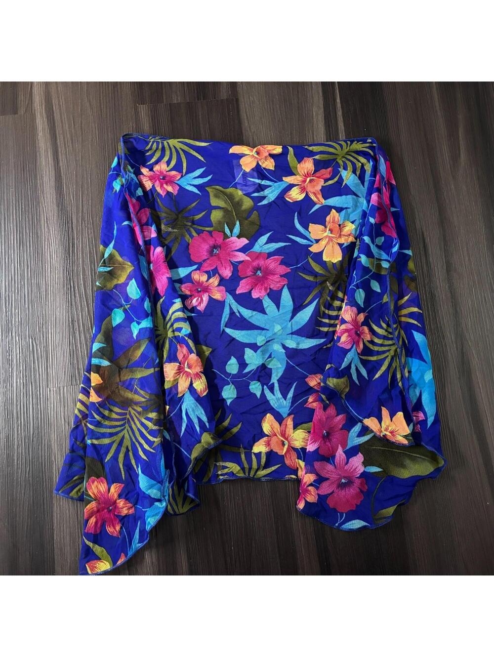 Vintage Slim Allure Sarong Wrap Cover Up Blue Tropical Floral USA Made Size L